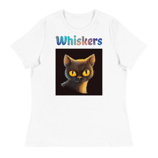 Women's White T-Shirt with Cat With Shiny Yellow Eyes with a text "Whiskers" at $25.97 found at Personalizedpetlovergifts