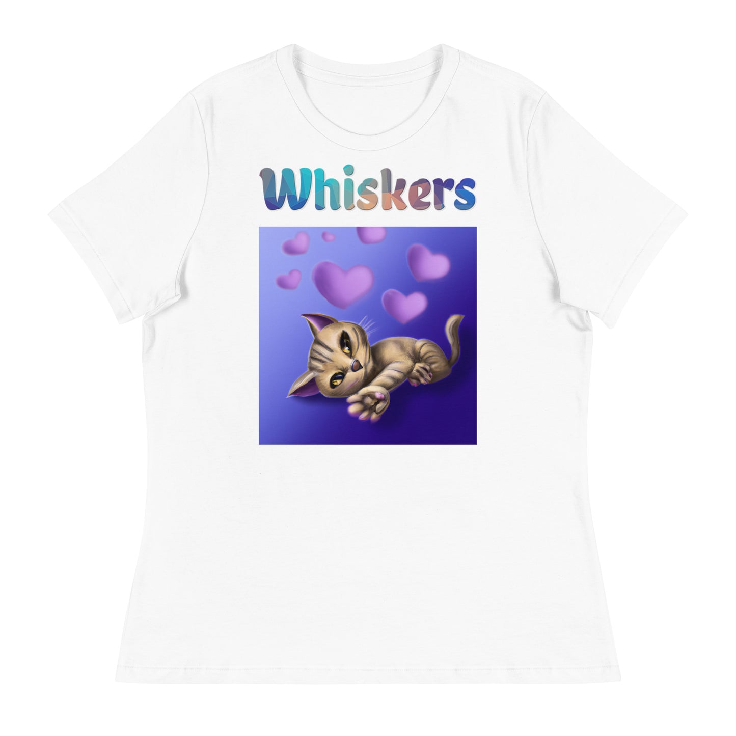 Women's White T-Shirt with Cat With Purple Hearts with a text "Whiskers" at $25.97 found at Personalizedpetlovergifts