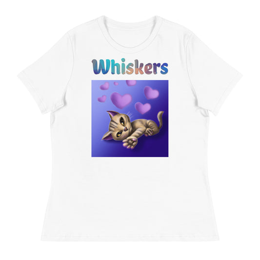 Women's White T-Shirt with Cat With Purple Hearts with a text "Whiskers" at $25.97 found at Personalizedpetlovergifts