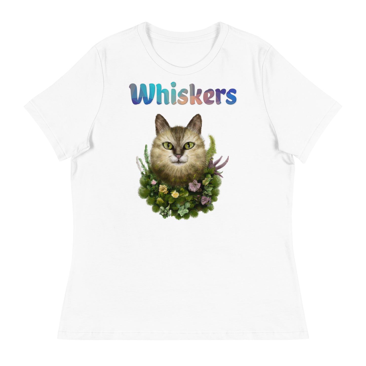 Women's White T-Shirt with Cat With Plants And Flowers with a text "Whiskers" at $25.97 found at Personalizedpetlovergifts