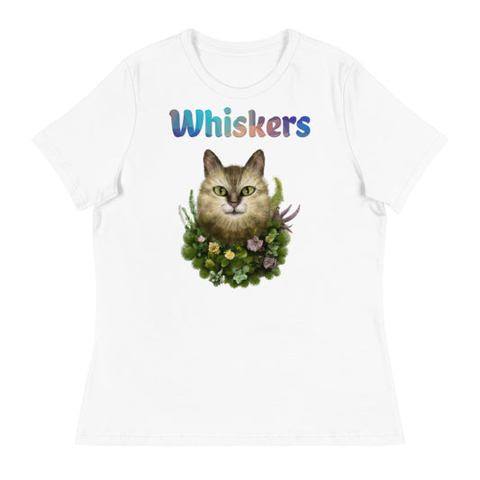 Women's White T-Shirt with Cat With Plants And Flowers with a text "Whiskers" at $25.97 found at Personalizedpetlovergifts