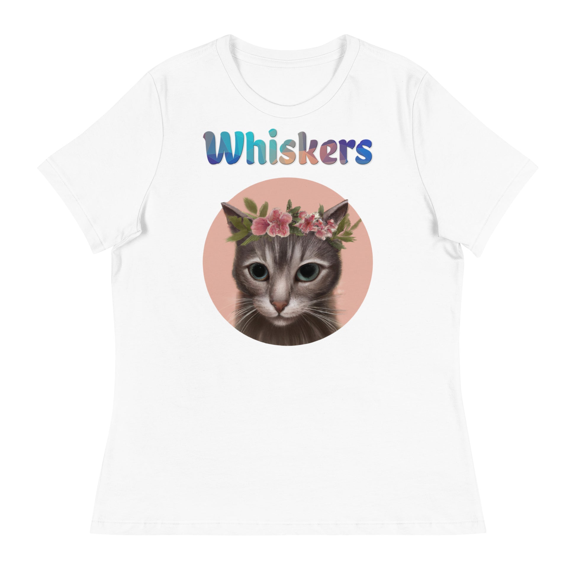 Women's White T-Shirt with Cat With Pink Floral Headpiece with a text "Whiskers" at $25.97 found at Personalizedpetlovergifts