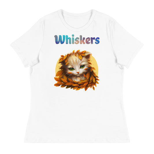 Women's White T-Shirt with Cat With Orange Leaves with a text "Whiskers" at $25.97 found at Personalizedpetlovergifts