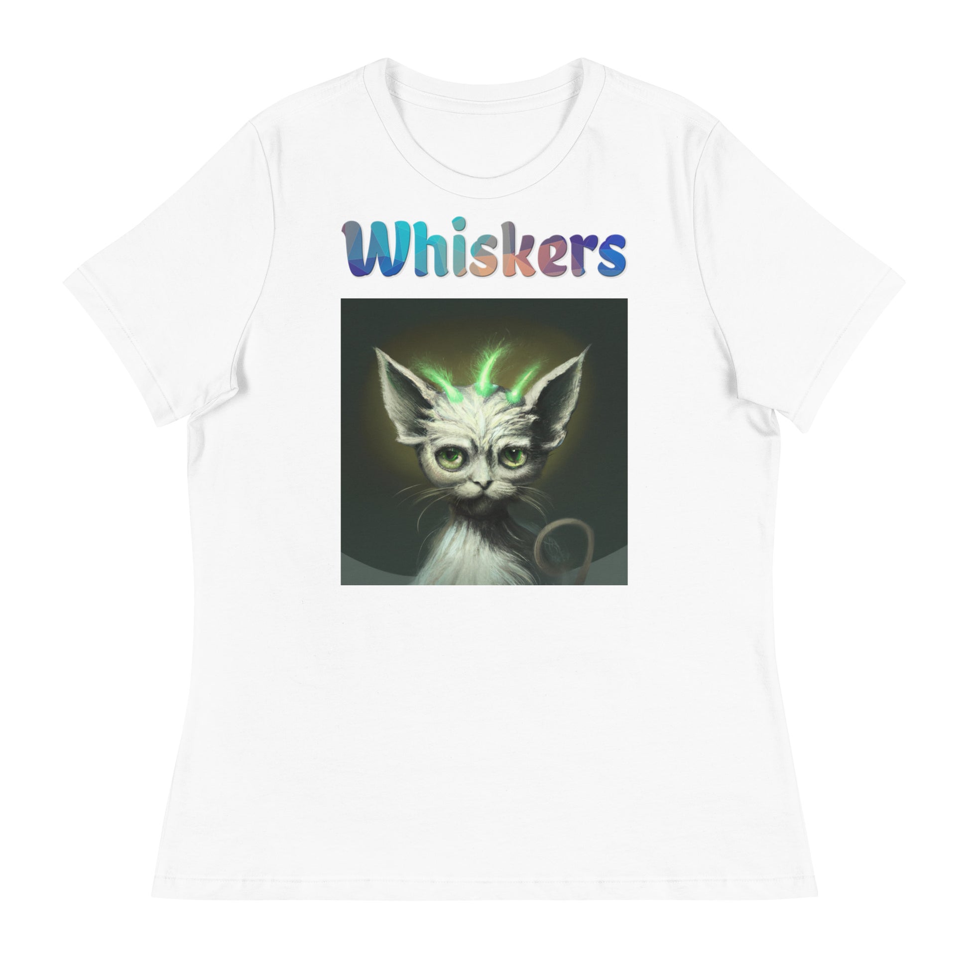 Women's White T-Shirt with Cat With Green Alien Spikes with a text "Whiskers" at $25.97 found at Personalizedpetlovergifts