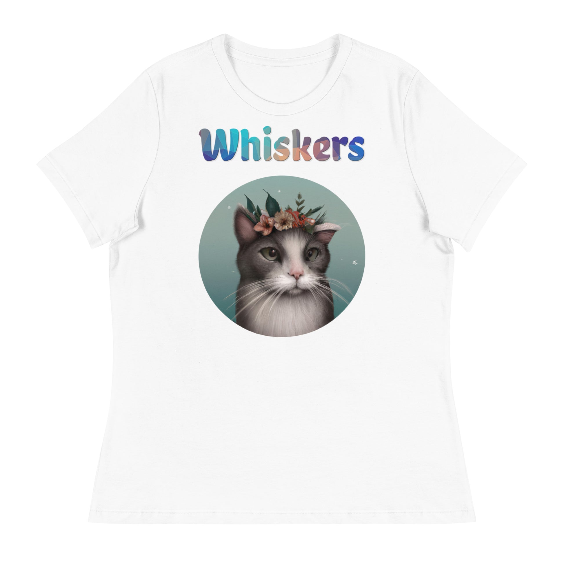 Women's White T-Shirt with Cat With Flowers with a text "Whiskers" at $25.97 found at Personalizedpetlovergifts