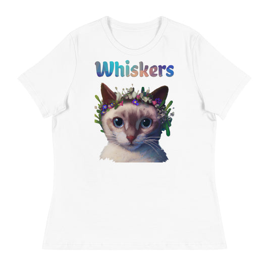 Women's White T-Shirt with Cat With Flowers On Head with a text "Whiskers" at $25.97 found at Personalizedpetlovergifts