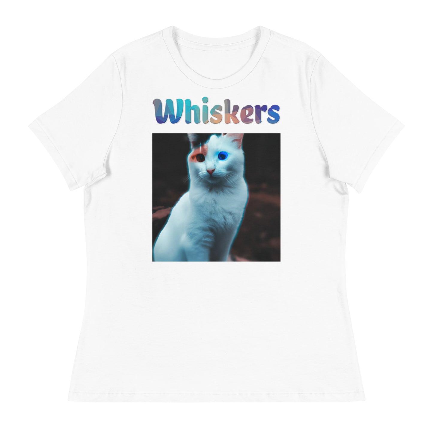 Women's White T-Shirt with Cat With Colorful Eyes with a text "Whiskers" at $25.97 found at Personalizedpetlovergifts