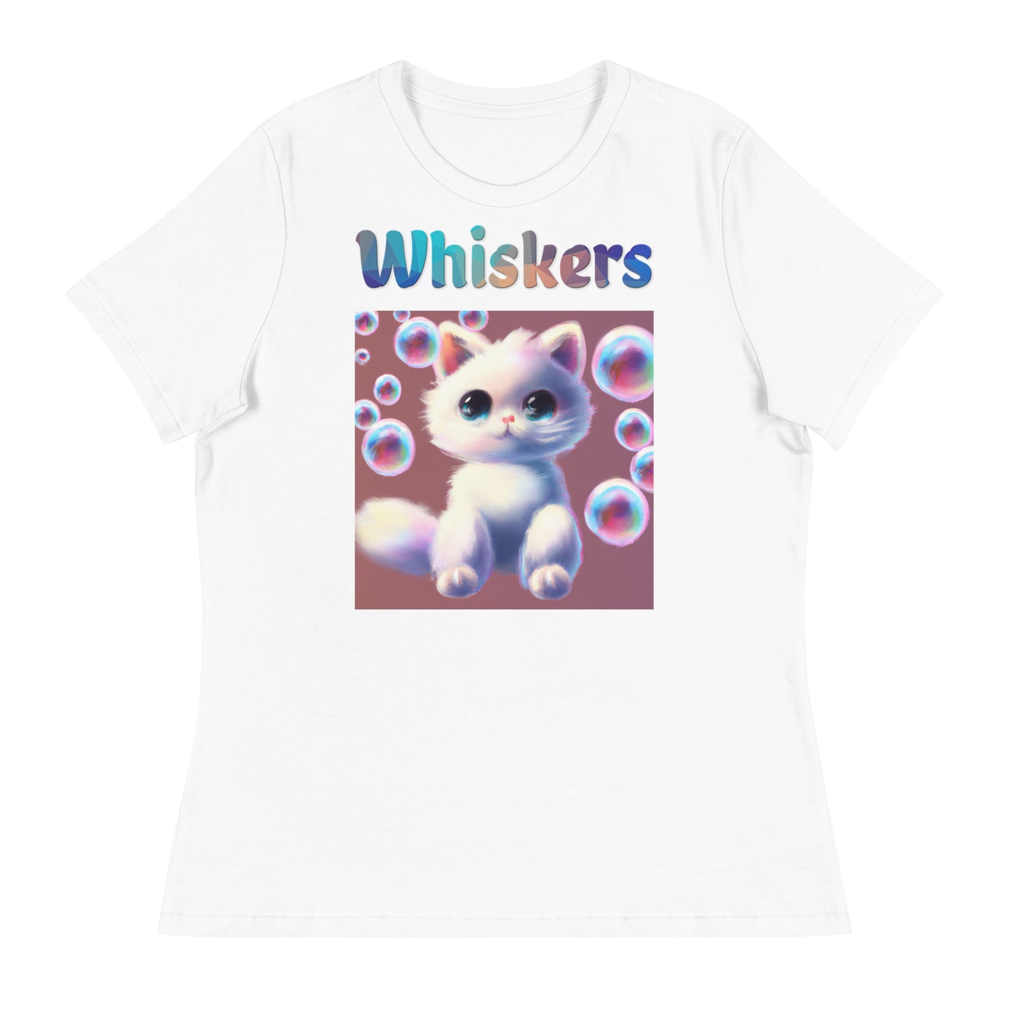 Women's White T-Shirt with Cat With Bubbles with a text "Whiskers" at $25.97 found at Personalizedpetlovergifts