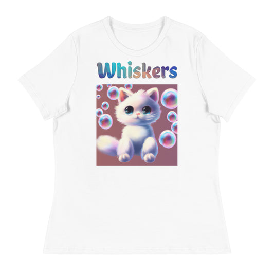 Women's White T-Shirt with Cat With Bubbles with a text "Whiskers" at $25.97 found at Personalizedpetlovergifts