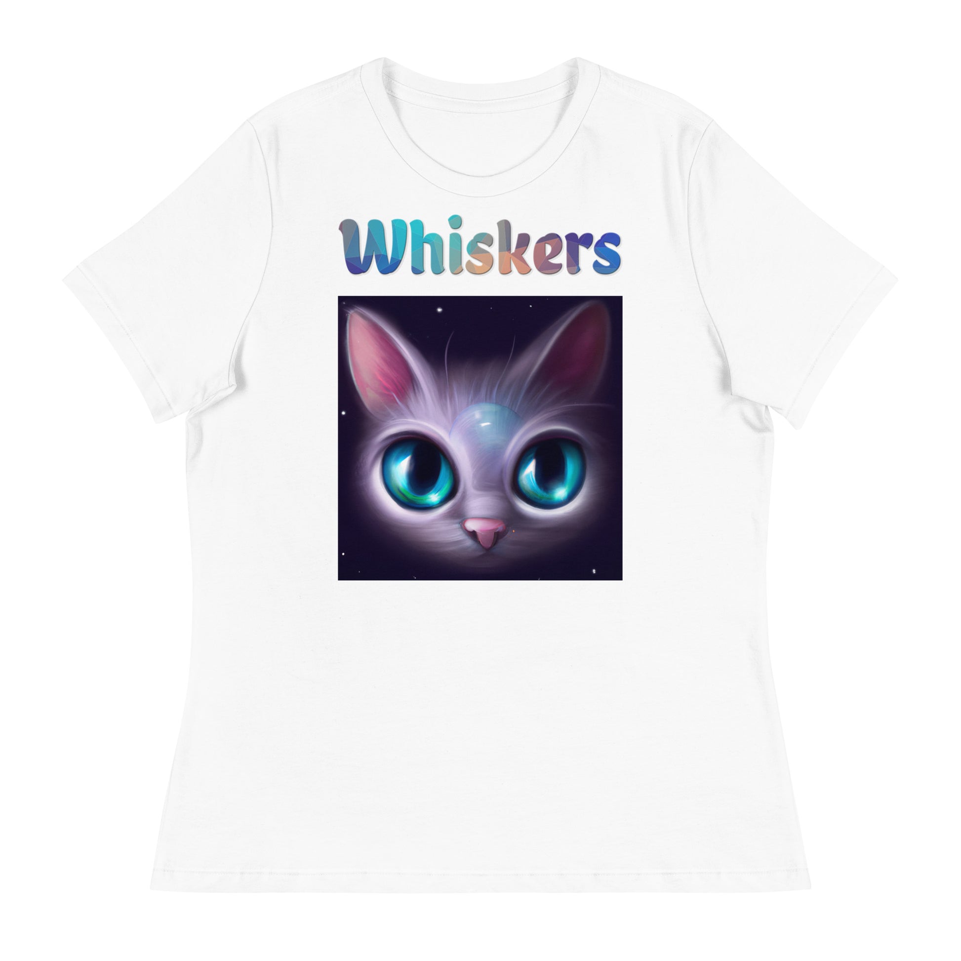 Women's White T-Shirt with Cat With Bright Blue Eyes with a text "Whiskers" at $25.97 found at Personalizedpetlovergifts