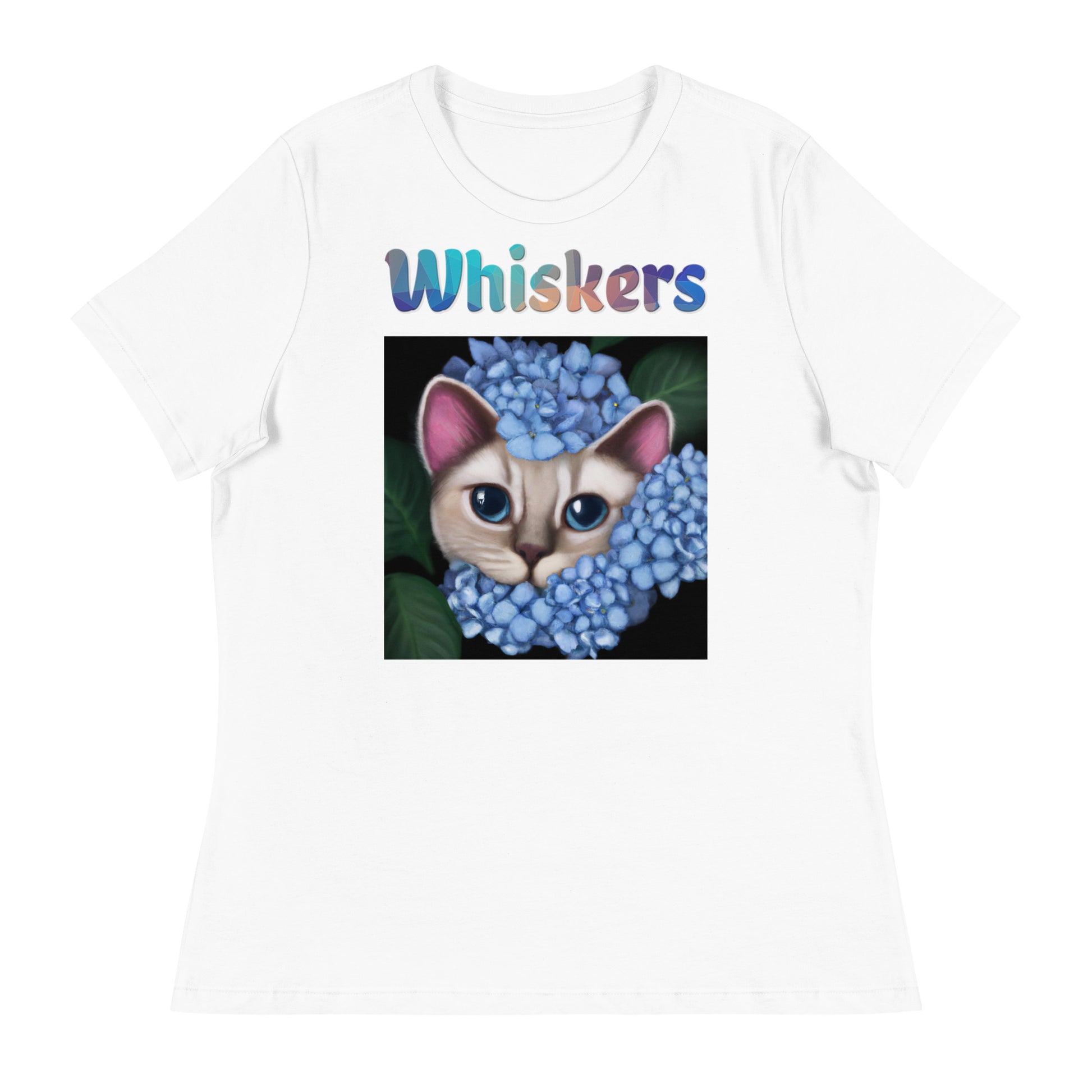 Women's White T-Shirt with Cat With Blue Hydrangea Flowers with a text "Whiskers" at $25.97 found at Personalizedpetlovergifts