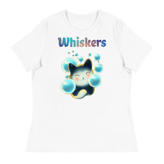 Women's White T-Shirt with Cat With Blue Bubbles with a text "Whiskers" at $25.97 found at Personalizedpetlovergifts