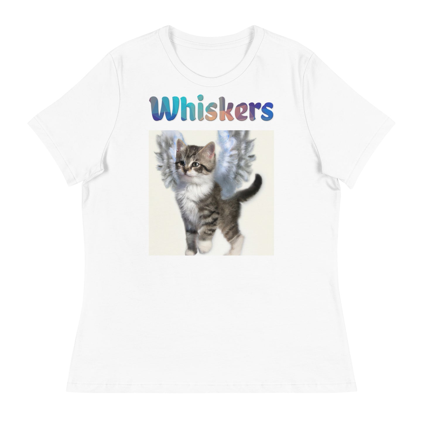 Women's White T-Shirt with Cat With Beautiful Angel Wings with a text "Whiskers" at $25.97 found at Personalizedpetlovergifts