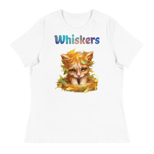 Women's White T-Shirt with Cat With Autumn Leaves with a text "Whiskers" at $25.97 found at Personalizedpetlovergifts