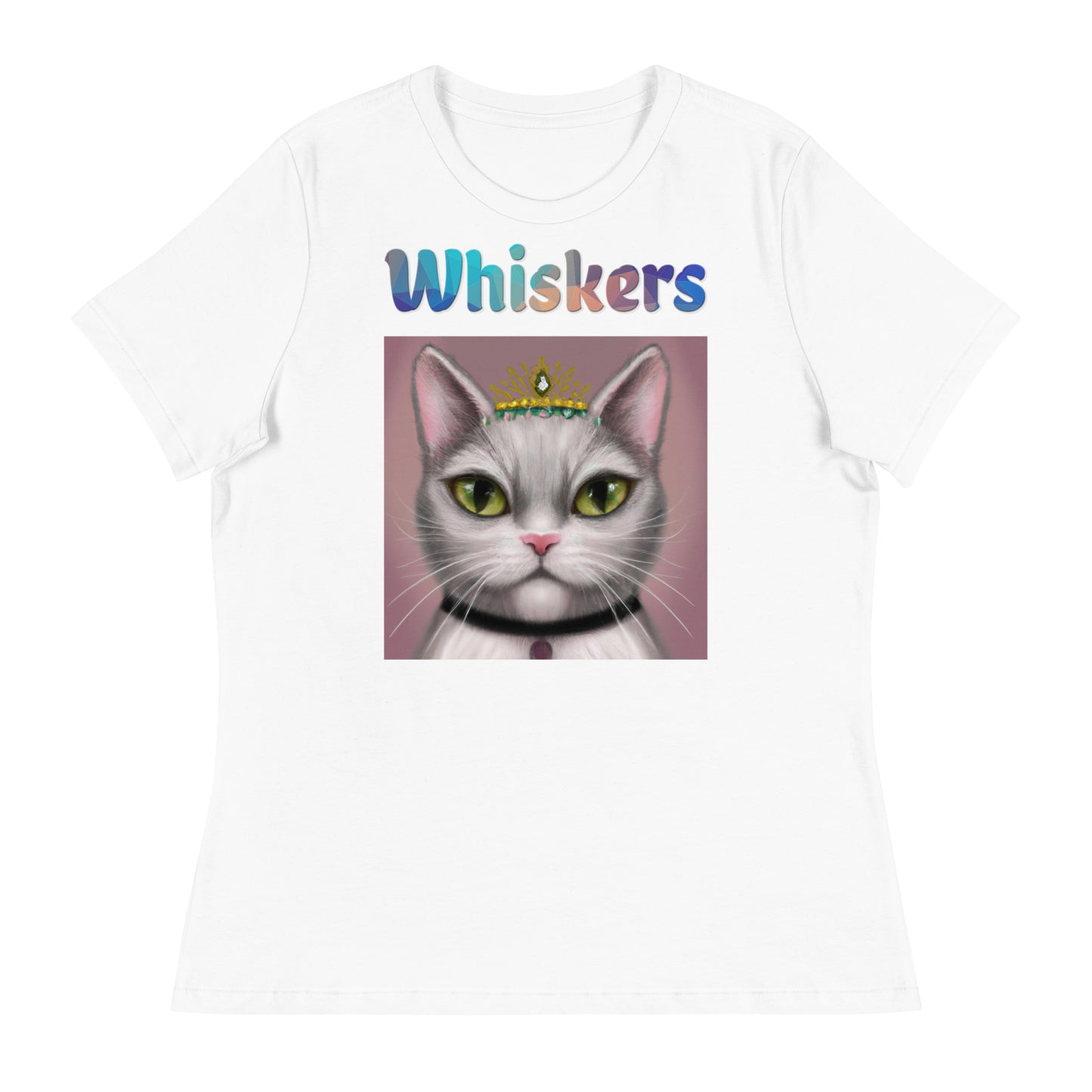 Women's White T-Shirt with Cat With a Tiara with a text "Whiskers" at $25.97 found at Personalizedpetlovergifts