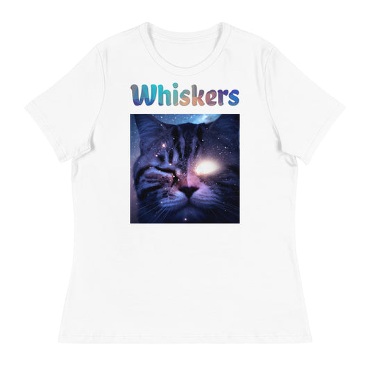 Women's White T-Shirt with Cat With a Shiny Eye with a text "Whiskers" at $25.97 found at Personalizedpetlovergifts