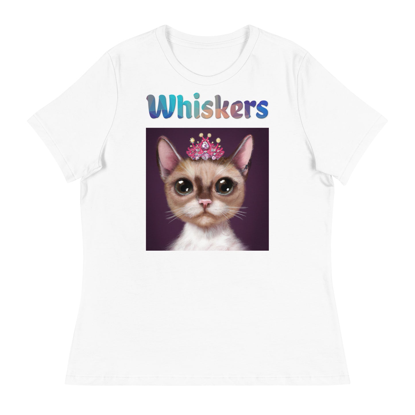 Women's White T-Shirt with Cat With a Pink Tiara with a text "Whiskers" at $25.97 found at Personalizedpetlovergifts