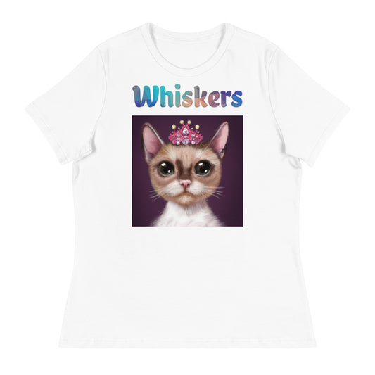 Women's White T-Shirt with Cat With a Pink Tiara with a text "Whiskers" at $25.97 found at Personalizedpetlovergifts