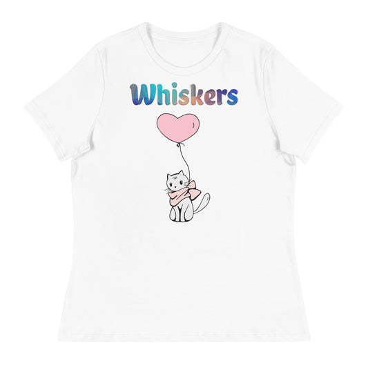 Women's White T-Shirt with Cat With a Pink Heart Balloon with a text "Whiskers" at $25.97 found at Personalizedpetlovergifts