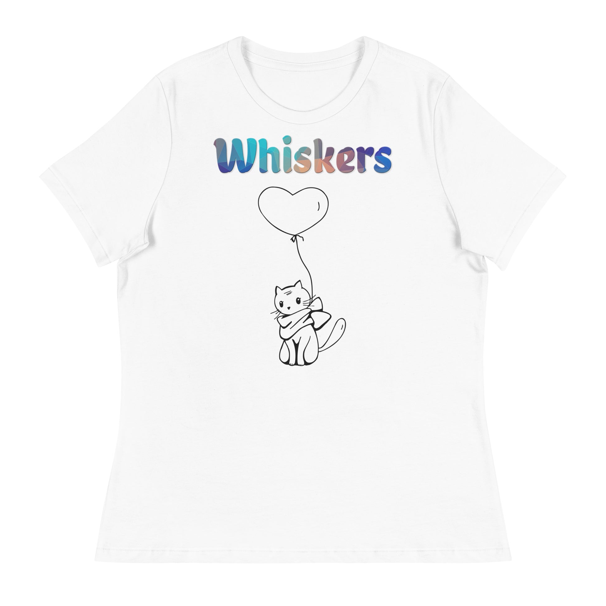 Women's White T-Shirt with Cat With a Heart Balloon with a text "Whiskers" at $25.97 found at Personalizedpetlovergifts