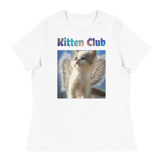 Women's White T-Shirt with Cute Angel Kitten With Wings with a text "Kitten Club" at $25.97 found at Personalizedpetlovergifts