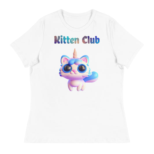 Women's White T-Shirt with Cute 3D Unicorn Cat with a text "Kitten Club" at $25.97 found at Personalizedpetlovergifts