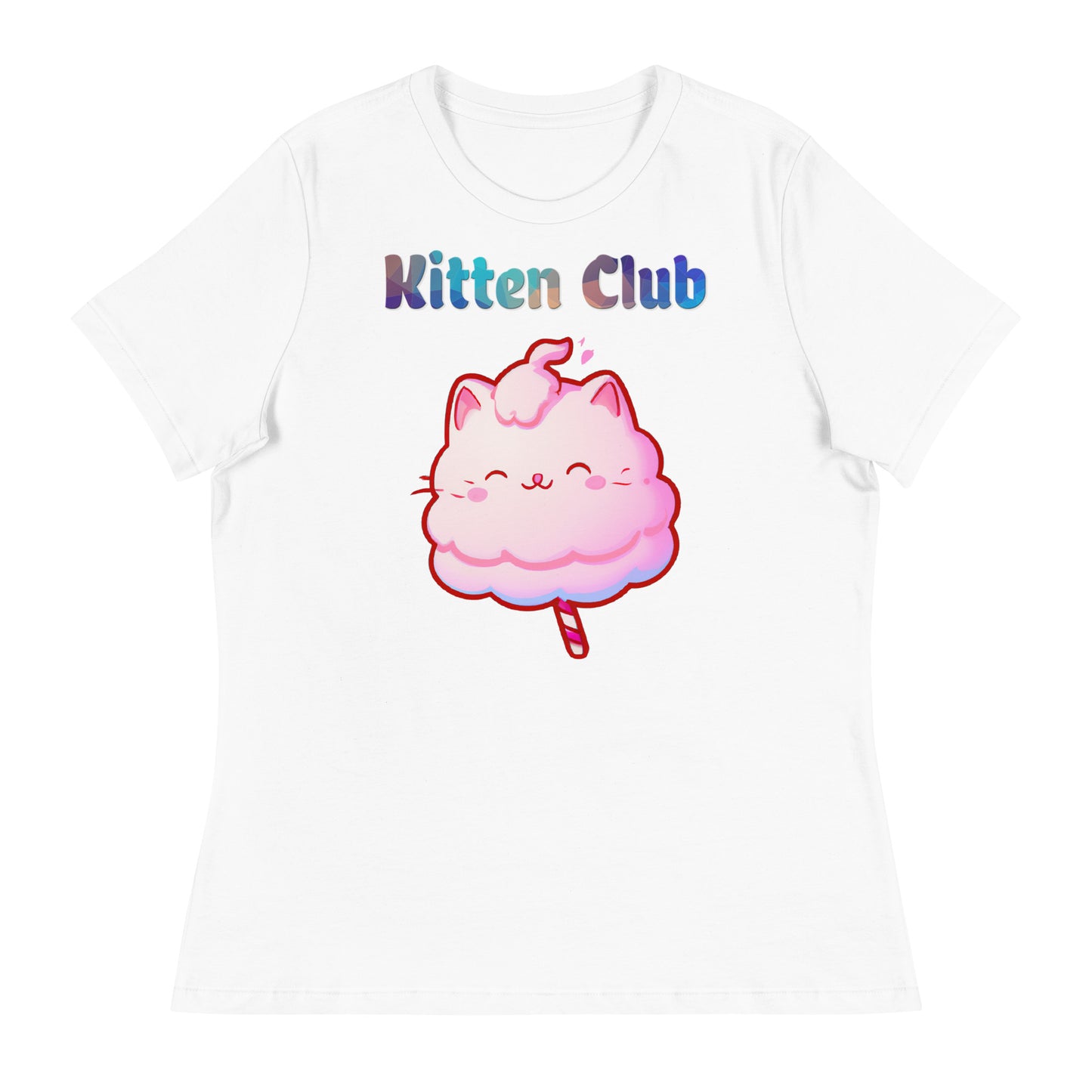 Women's White T-Shirt with Cotton Candy Cat with a text "Kitten Club" at $25.97 found at Personalizedpetlovergifts