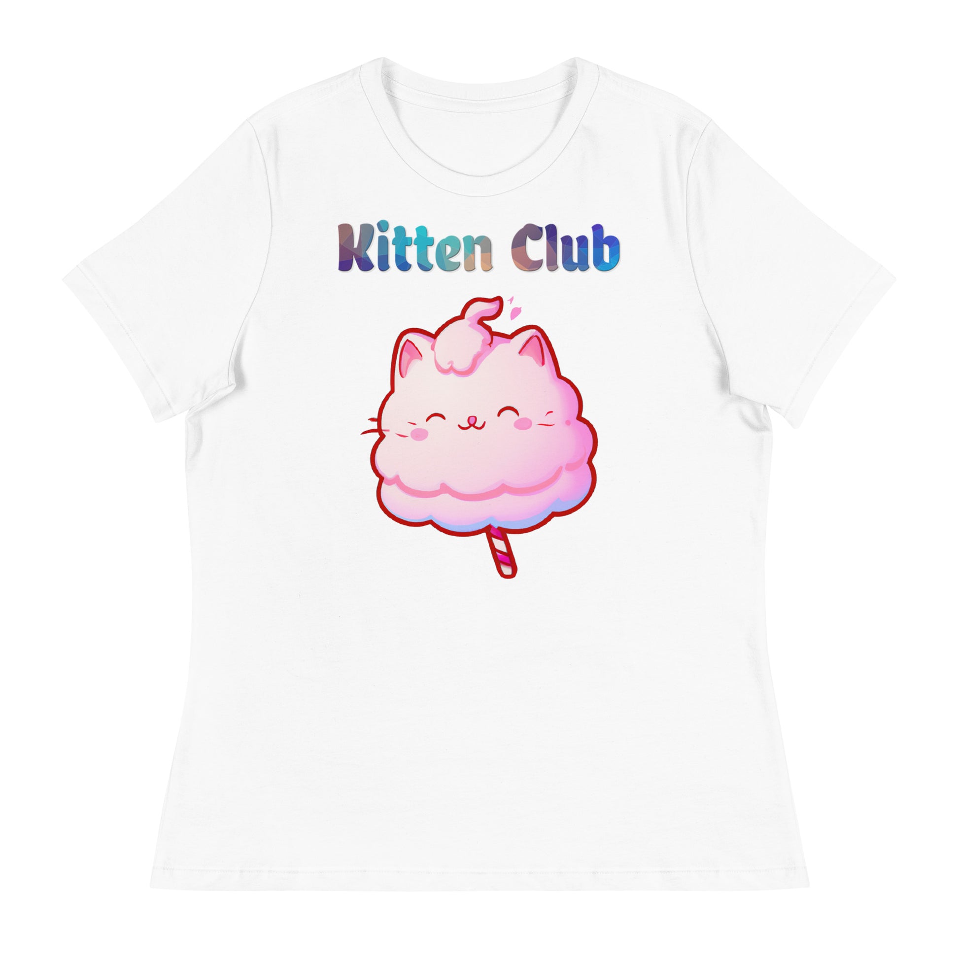 Women's White T-Shirt with Cotton Candy Cat with a text "Kitten Club" at $25.97 found at Personalizedpetlovergifts