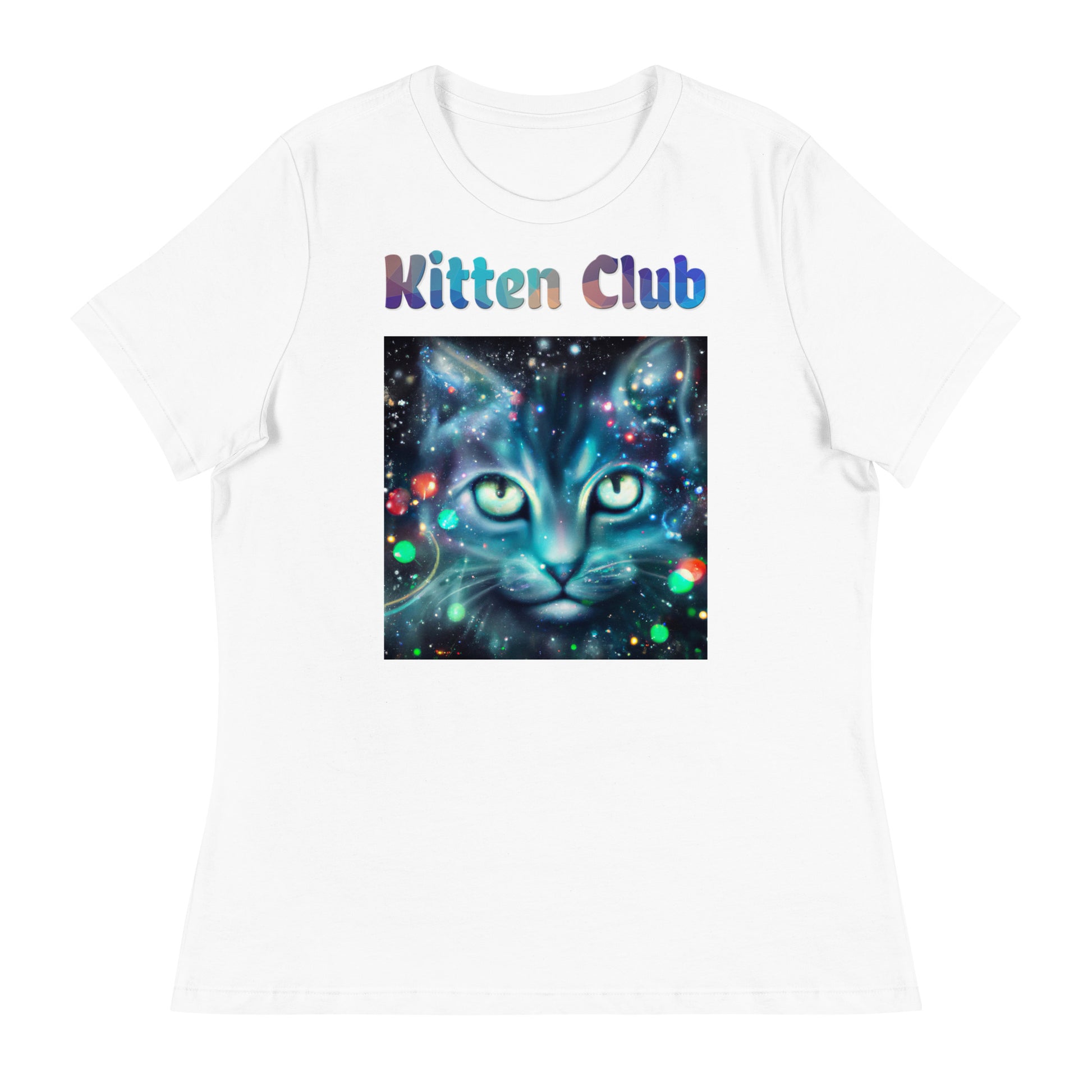 Women's White T-Shirt with Cosmic Cat with a text "Kitten Club" at $25.97 found at Personalizedpetlovergifts