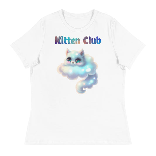 Women's White T-Shirt with Cloud Shaped Kitten with a text "Kitten Club" at $25.97 found at Personalizedpetlovergifts