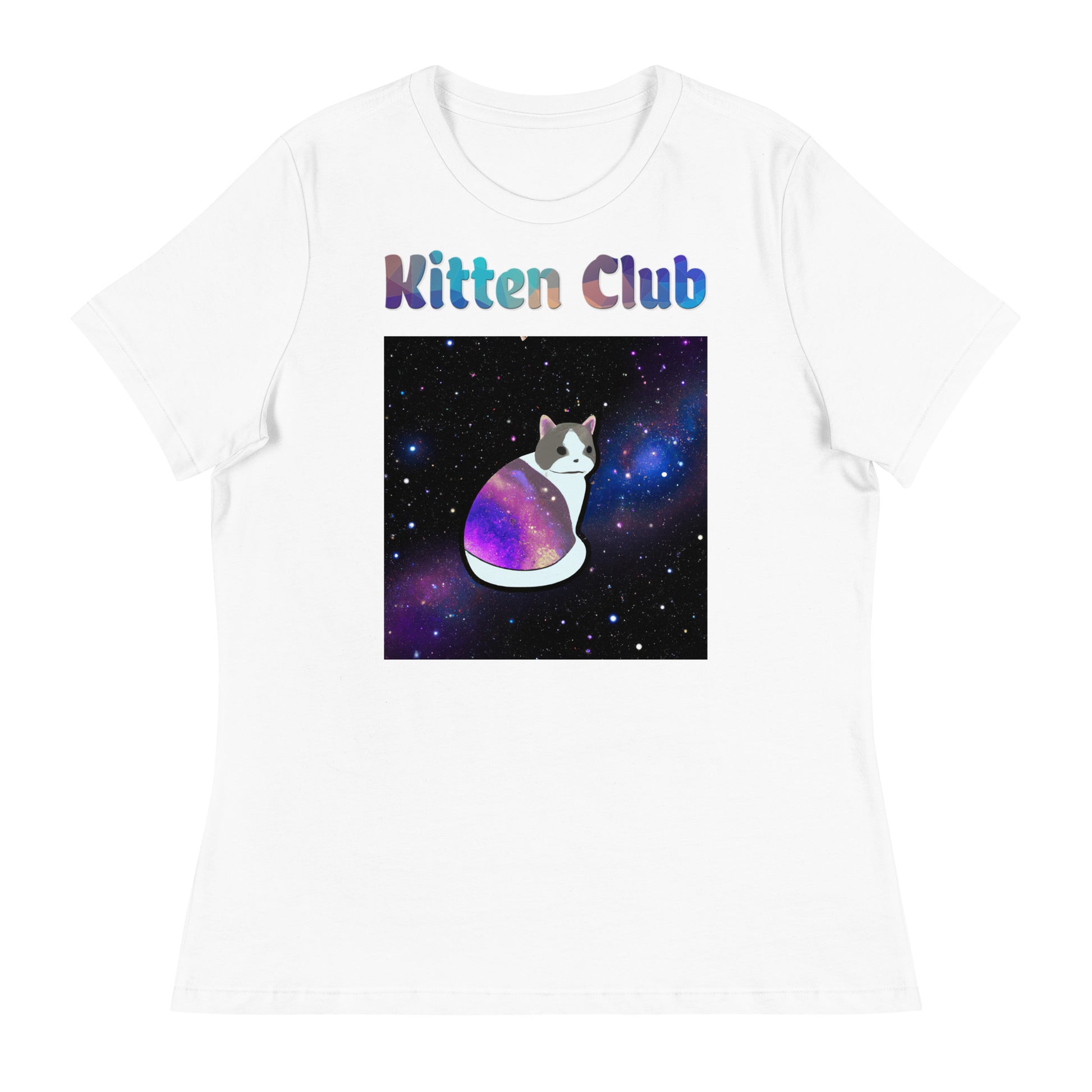 Women's White T-Shirt with Cat With Space Clothes with a text "Kitten Club" at $25.97 found at Personalizedpetlovergifts