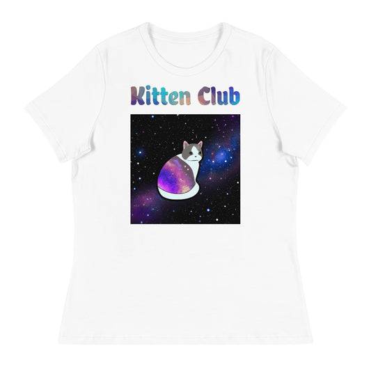 Women's White T-Shirt with Cat With Space Clothes with a text "Kitten Club" at $25.97 found at Personalizedpetlovergifts