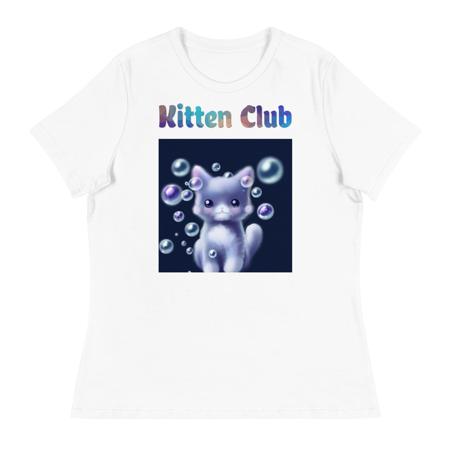 Women's White T-Shirt with Cat With Soap Bubbles with a text "Kitten Club" at $25.97 found at Personalizedpetlovergifts