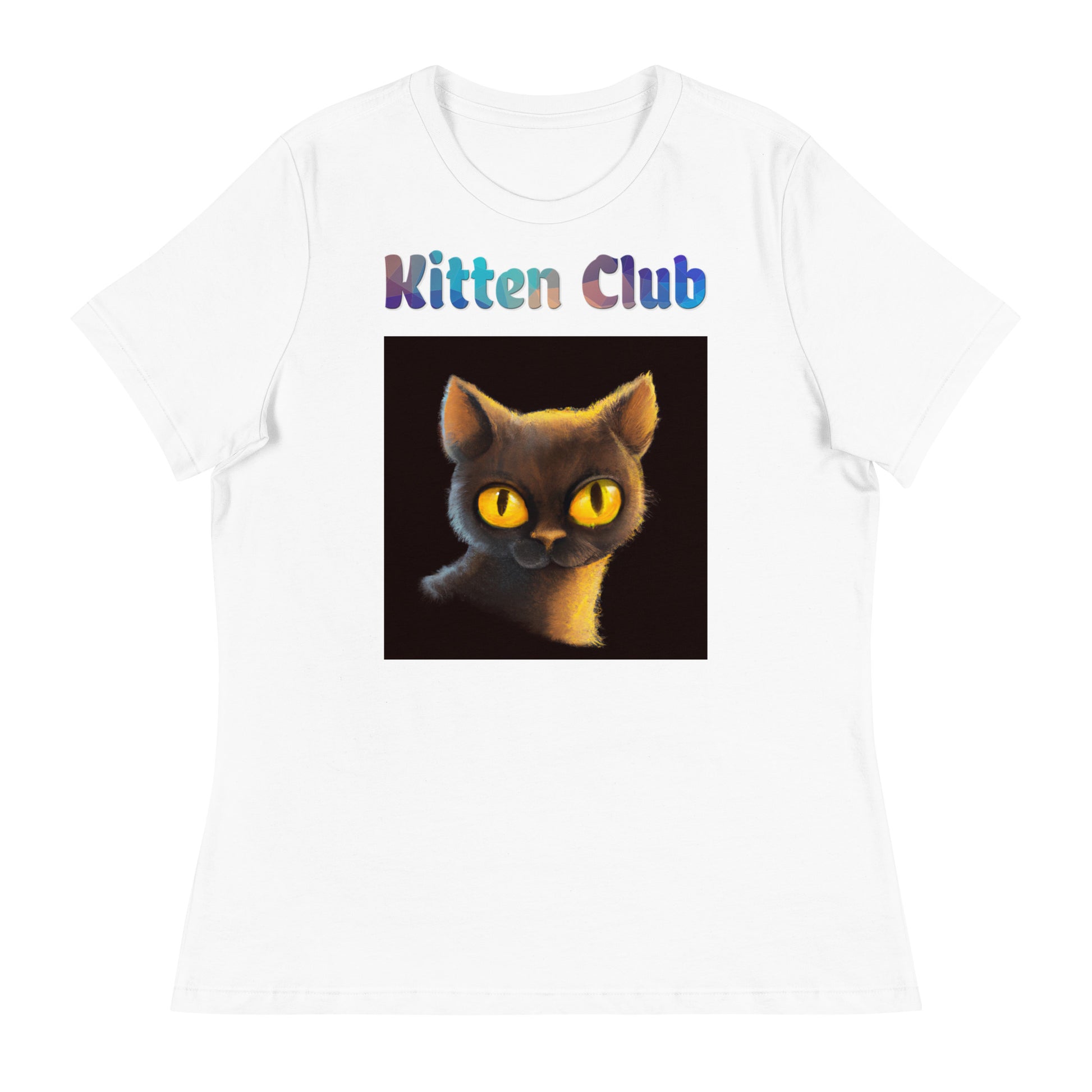 Women's White T-Shirt with Cat With Shiny Yellow Eyes with a text "Kitten Club" at $25.97 found at Personalizedpetlovergifts