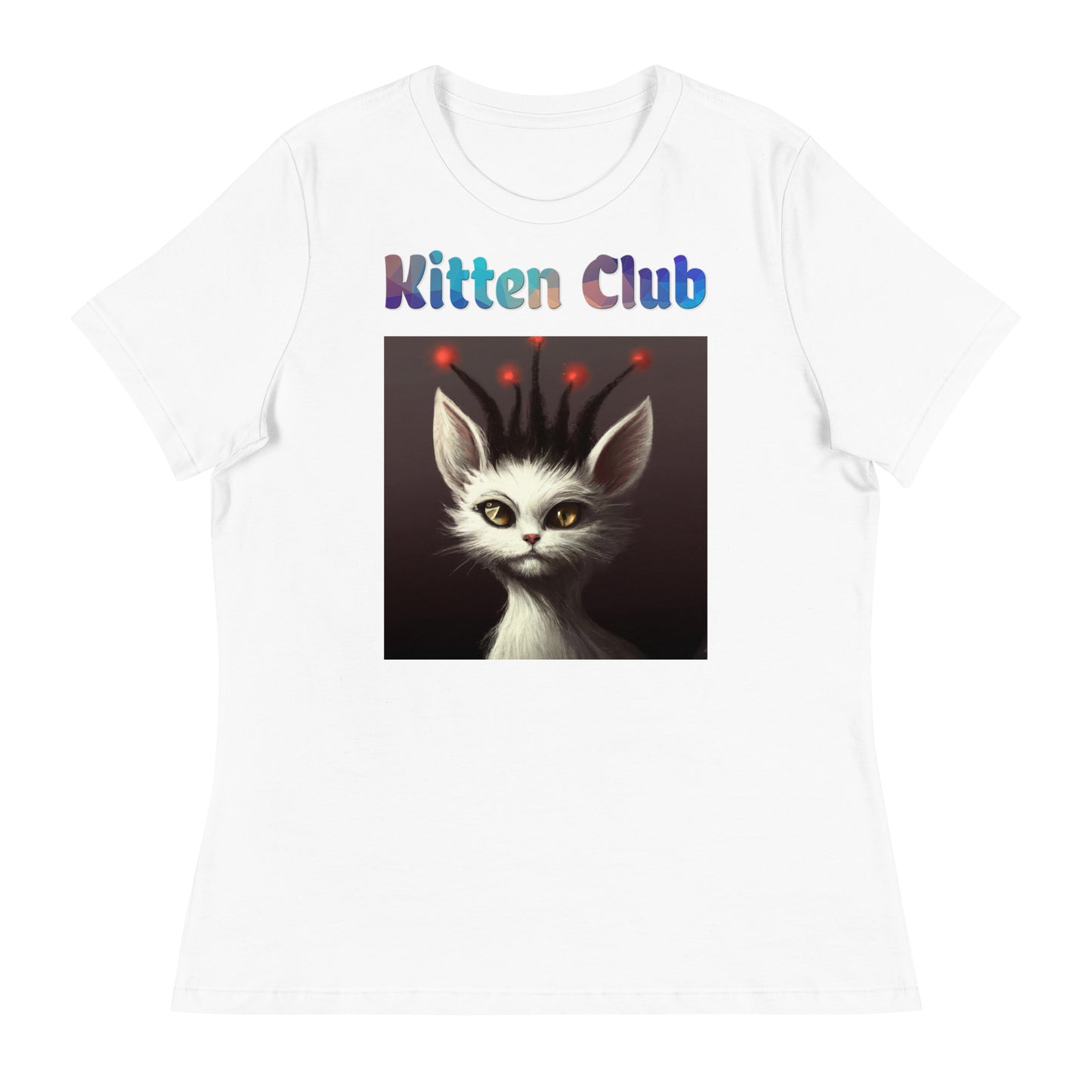 Women's White T-Shirt with Cat With Red Alien Spikes with a text "Kitten Club" at $25.97 found at Personalizedpetlovergifts