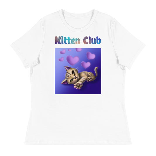 Women's White T-Shirt with Cat With Purple Hearts with a text "Kitten Club" at $25.97 found at Personalizedpetlovergifts