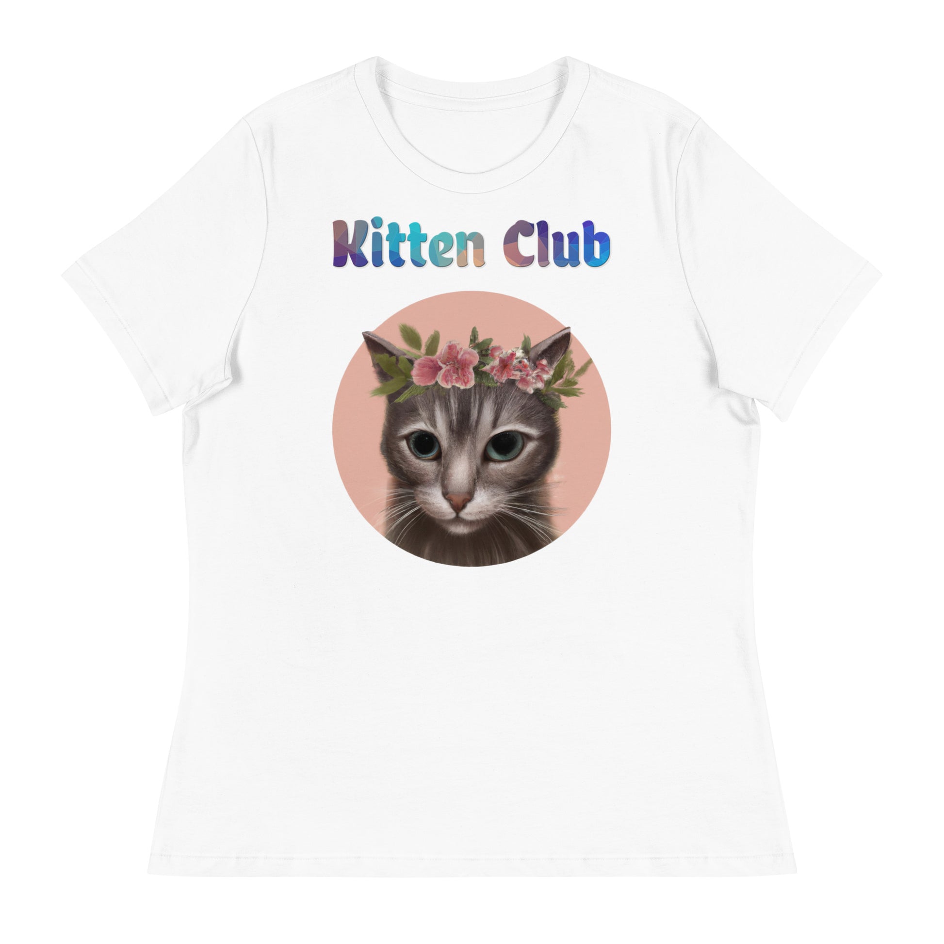 Women's White T-Shirt with Cat With Pink Floral Headpiece with a text "Kitten Club" at $25.97 found at Personalizedpetlovergifts