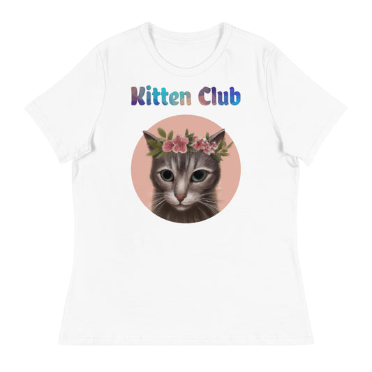 Women's White T-Shirt with Cat With Pink Floral Headpiece with a text "Kitten Club" at $25.97 found at Personalizedpetlovergifts