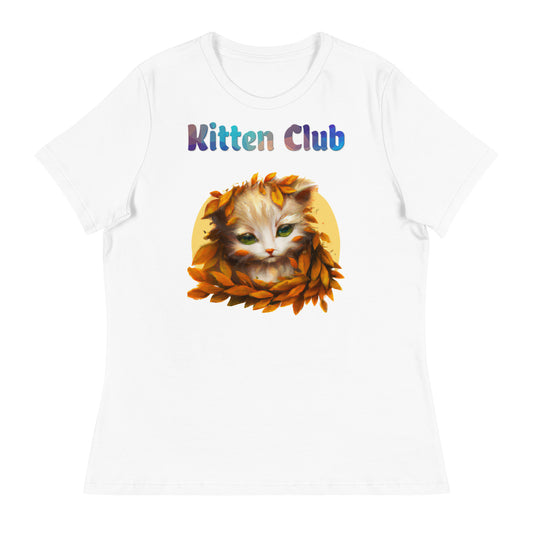 Women's White T-Shirt with Cat With Orange Leaves with a text "Kitten Club" at $25.97 found at Personalizedpetlovergifts