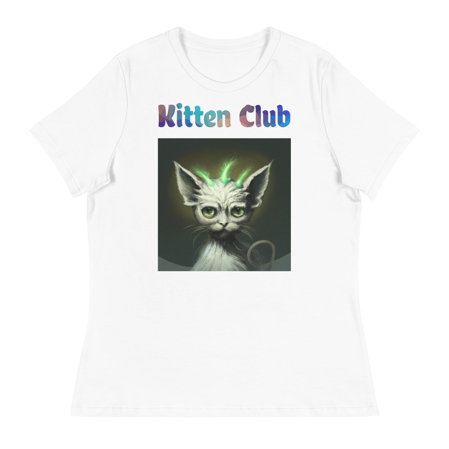 Women's White T-Shirt with Cat With Green Alien Spikes with a text "Kitten Club" at $25.97 found at Personalizedpetlovergifts