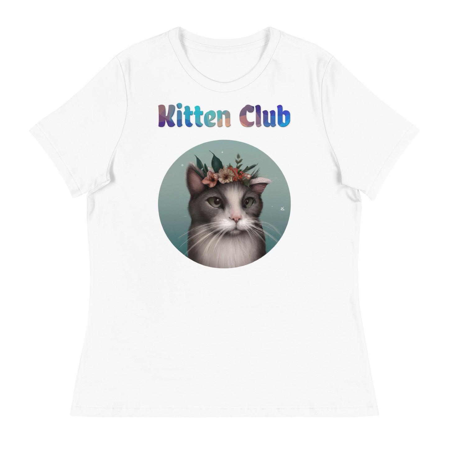 Women's White T-Shirt with Cat With Flowers with a text "Kitten Club" at $25.97 found at Personalizedpetlovergifts