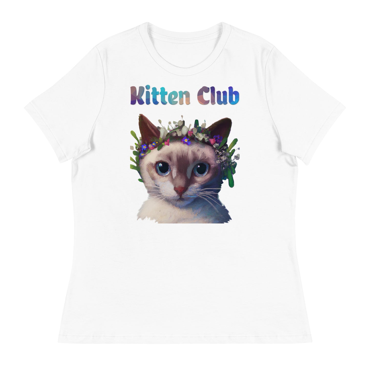 Women's White T-Shirt with Cat With Flowers On Head with a text "Kitten Club" at $25.97 found at Personalizedpetlovergifts