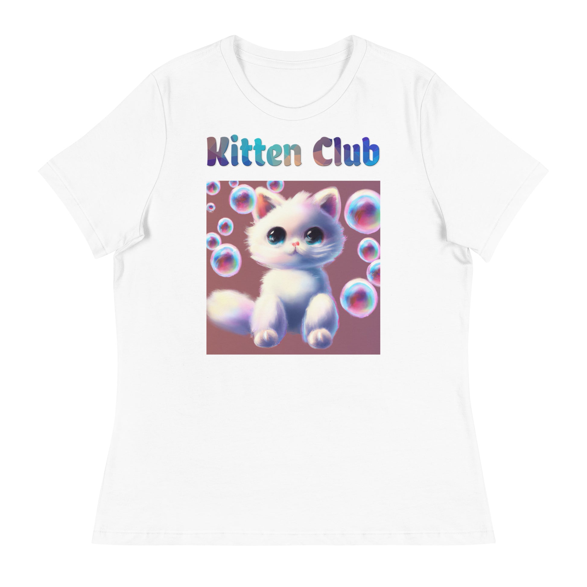 Women's White T-Shirt with Cat With Bubbles with a text "Kitten Club" at $25.97 found at Personalizedpetlovergifts