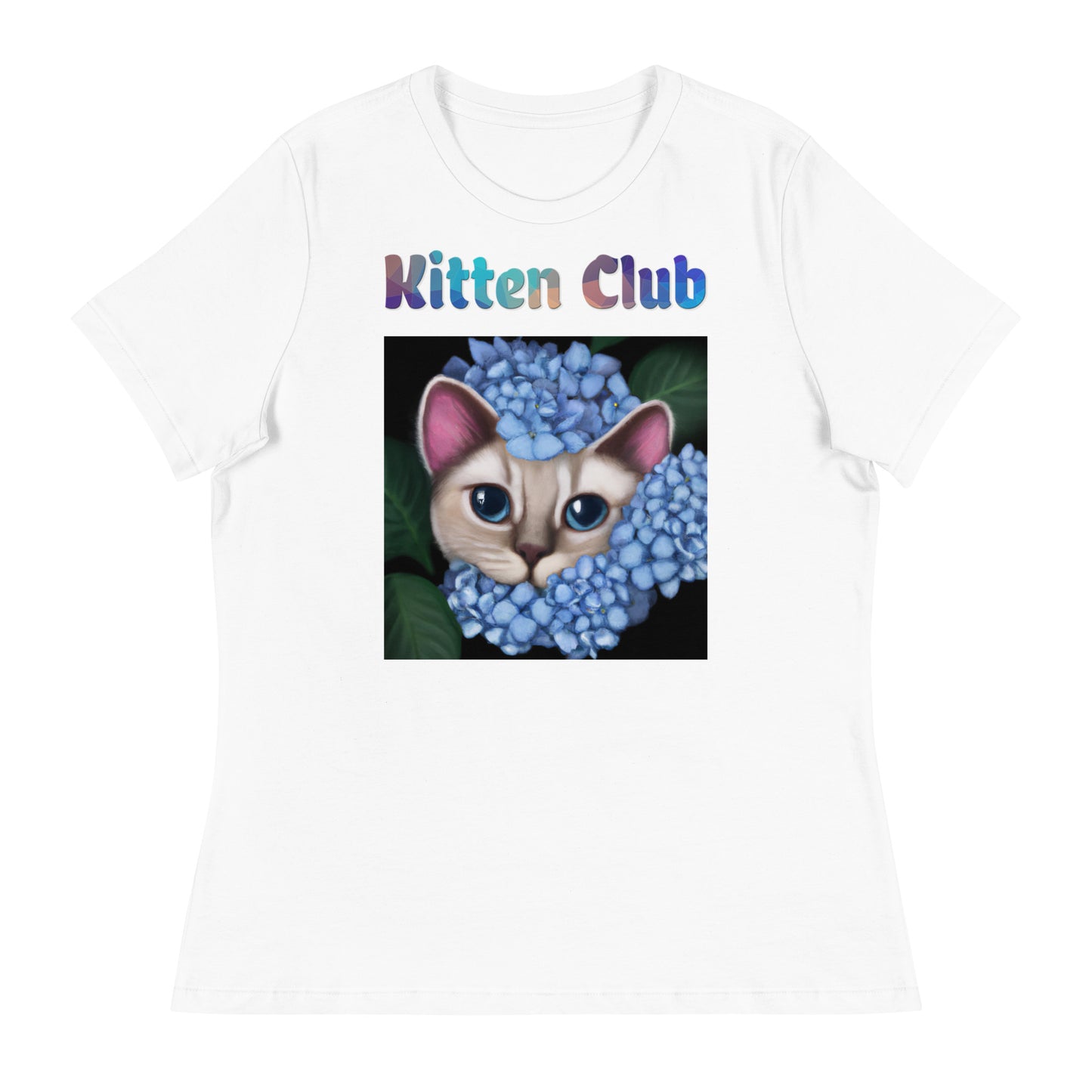 Women's White T-Shirt with Cat With Blue Hydrangea Flowers with a text "Kitten Club" at $25.97 found at Personalizedpetlovergifts