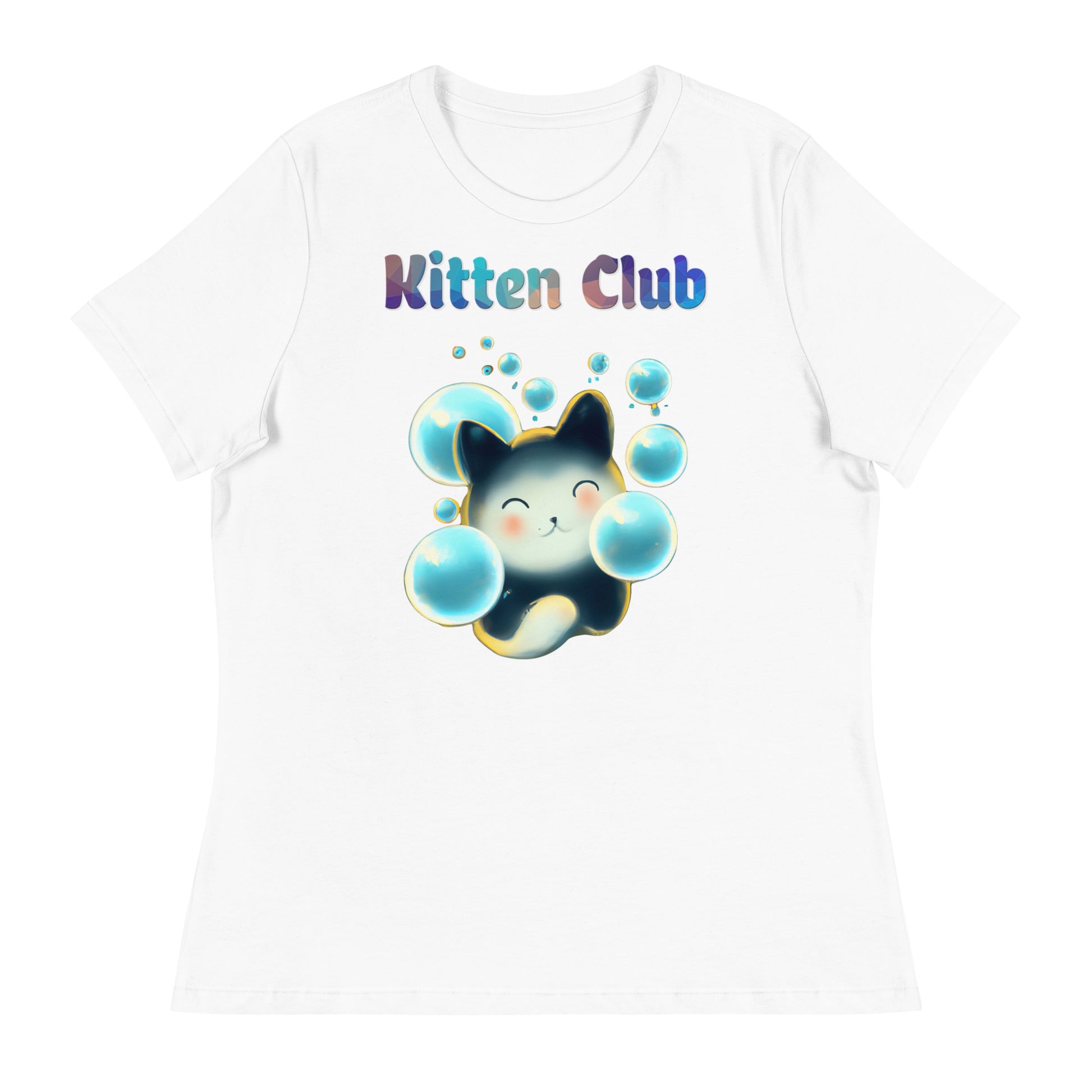 Women's White T-Shirt with Cat With Blue Bubbles with a text "Kitten Club" at $25.97 found at Personalizedpetlovergifts