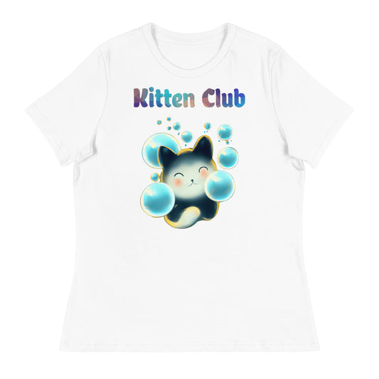 Women's White T-Shirt with Cat With Blue Bubbles with a text "Kitten Club" at $25.97 found at Personalizedpetlovergifts