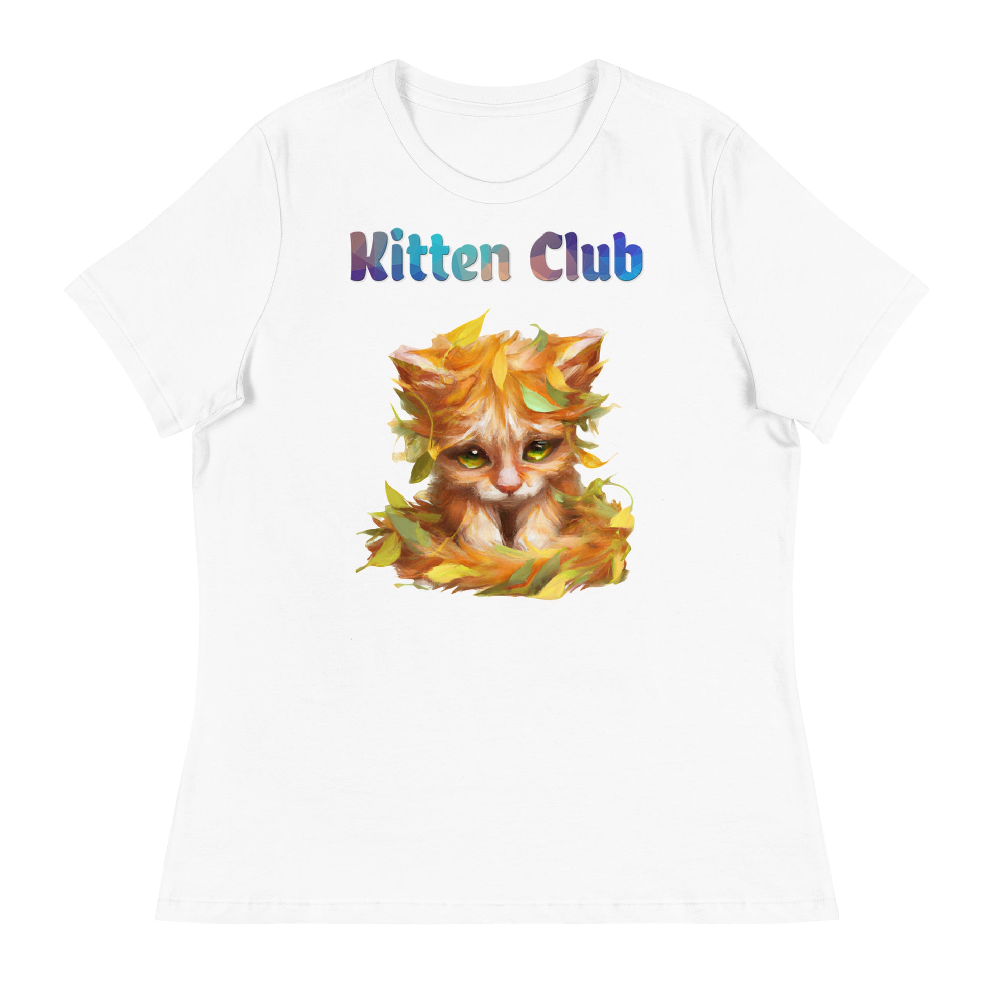 Women's White T-Shirt with Cat With Autumn Leaves with a text "Kitten Club" at $25.97 found at Personalizedpetlovergifts