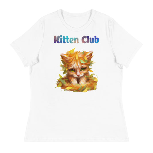 Women's White T-Shirt with Cat With Autumn Leaves with a text "Kitten Club" at $25.97 found at Personalizedpetlovergifts