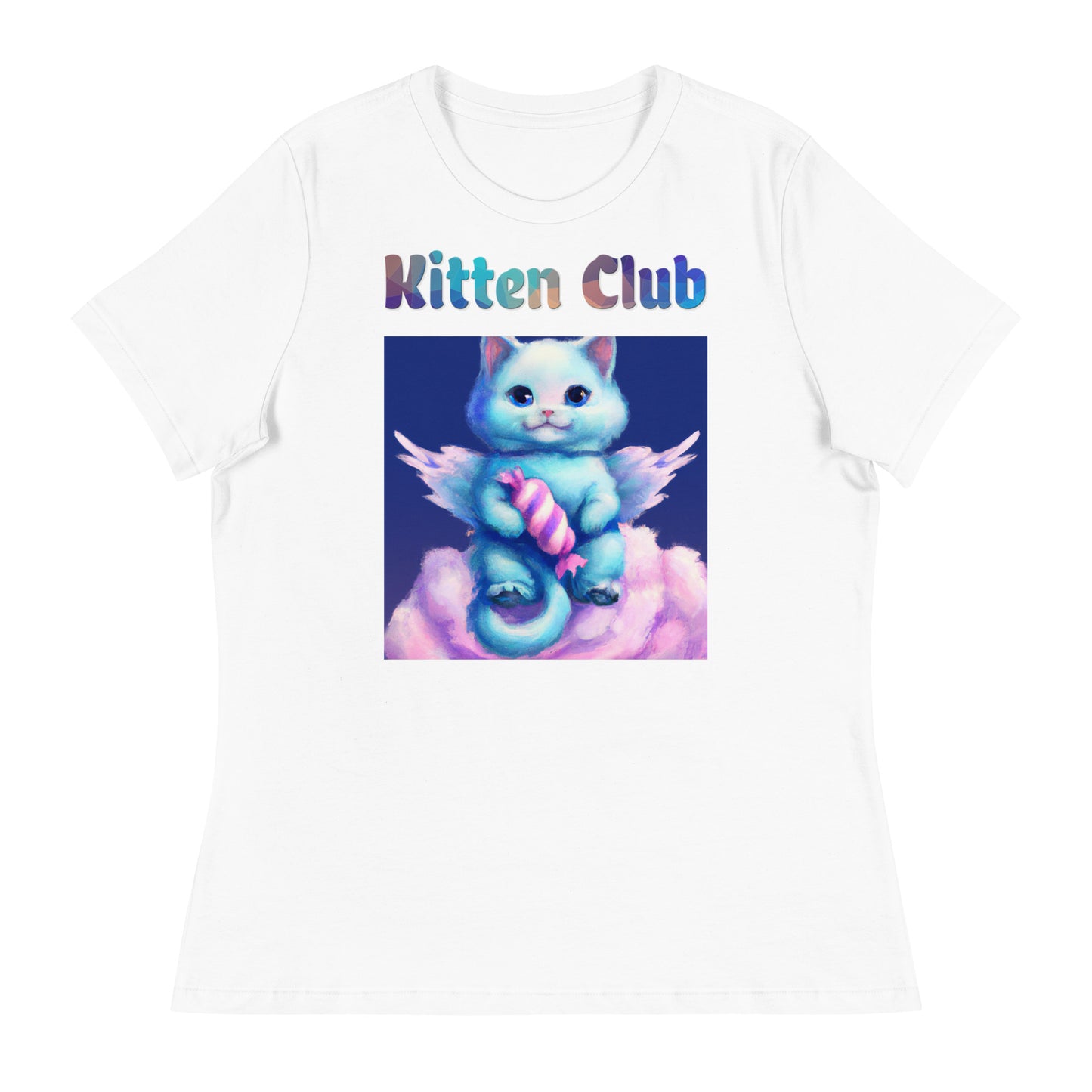 Women's White T-Shirt with Cat With Angel Wings In The Clouds with a text "Kitten Club" at $25.97 found at Personalizedpetlovergifts