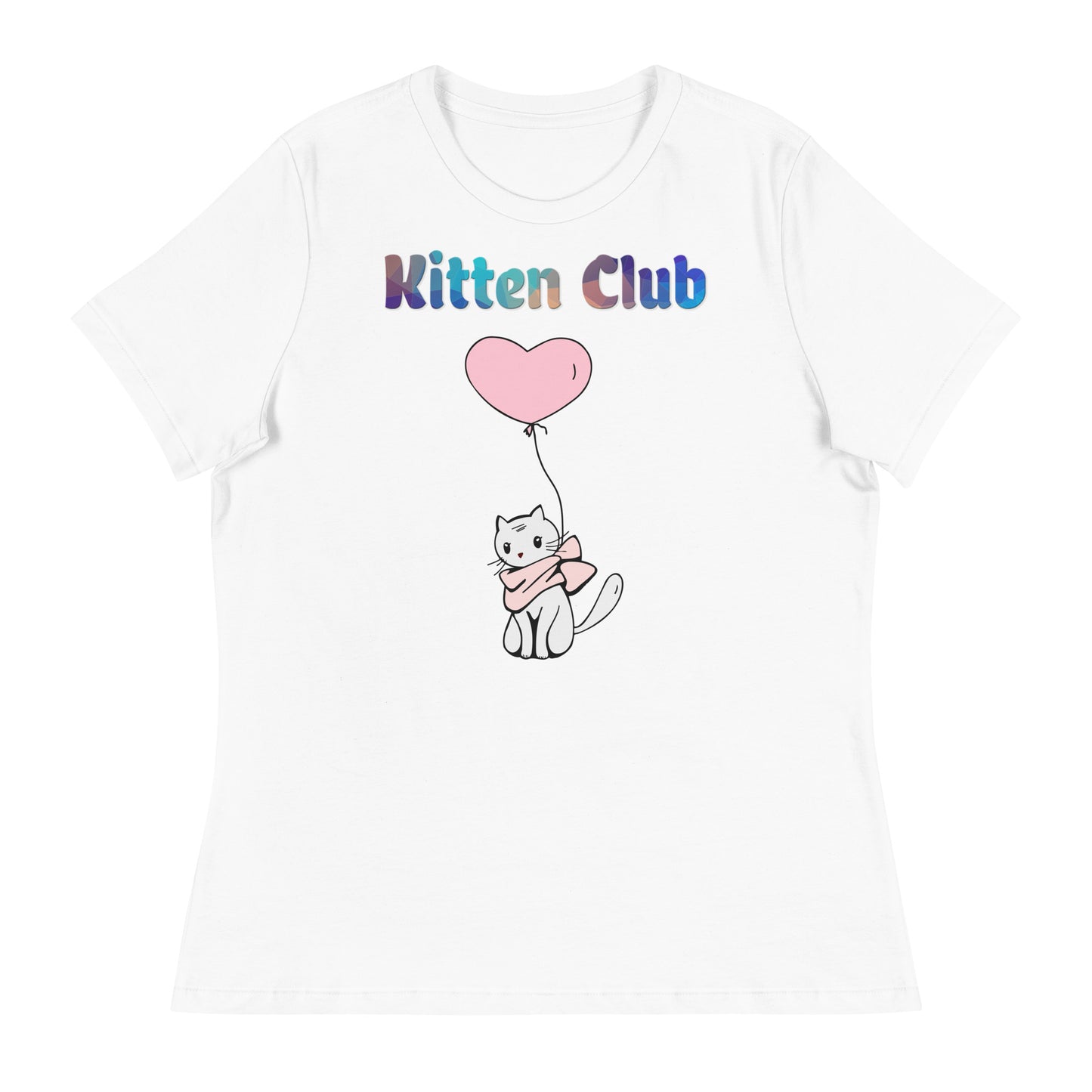 Women's White T-Shirt with Cat With a Pink Heart Balloon with a text "Kitten Club" at $25.97 found at Personalizedpetlovergifts